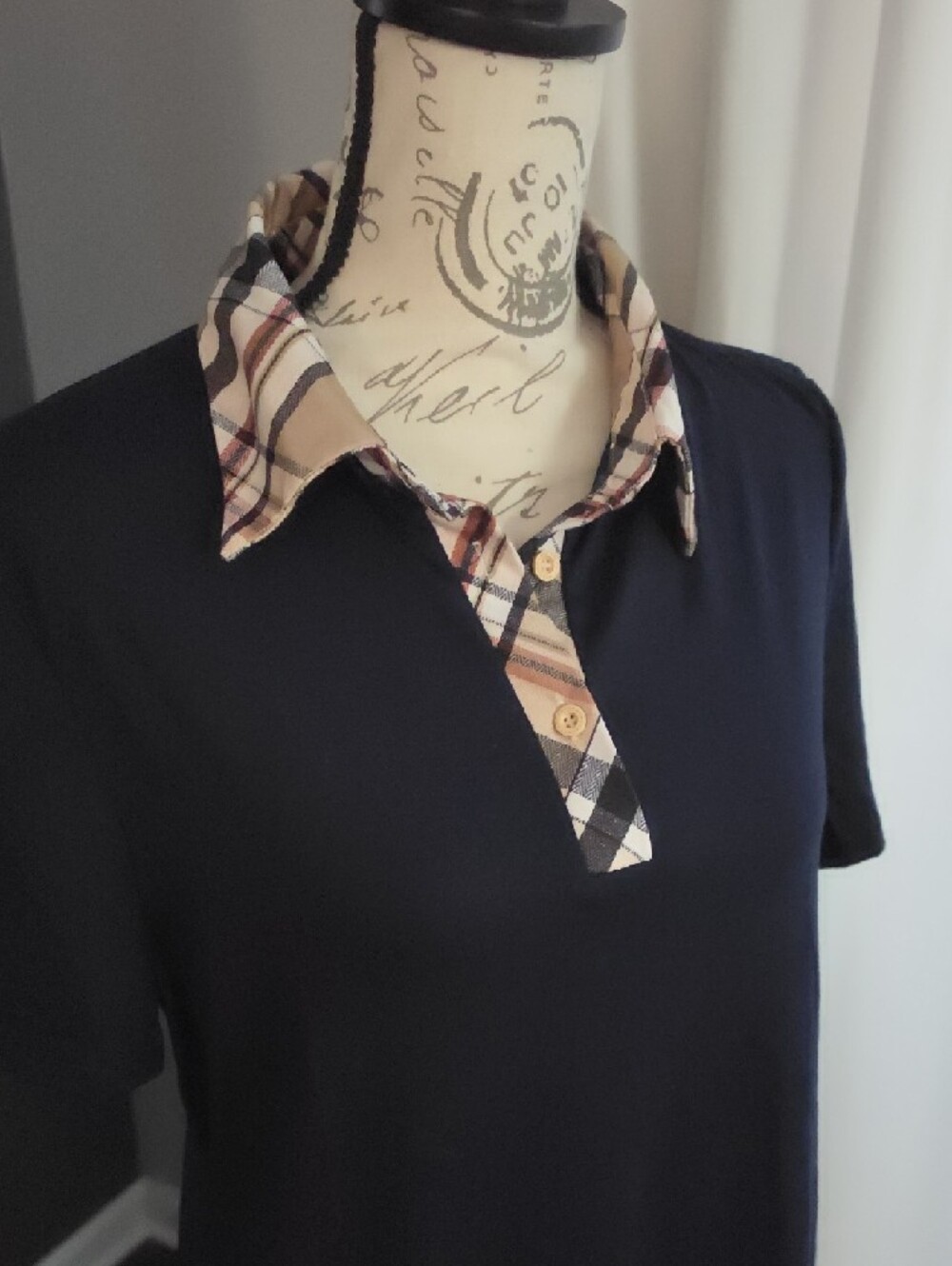 Classic Navy Polo Top with Plaid Trim - Picture 2 of 7